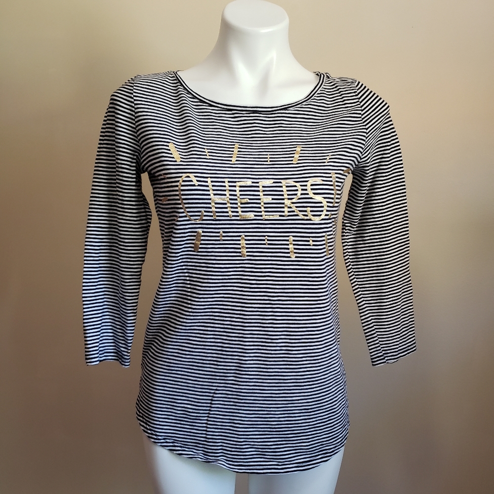 Loft Striped Tee Gold Cheers Black White Small 3/4 Sleeve